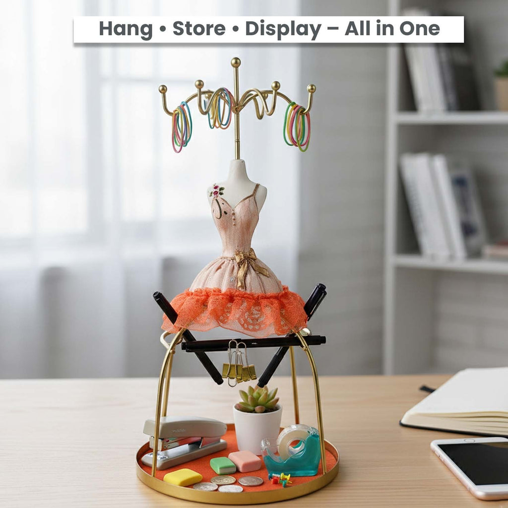 GoHooked doll dress jewelry holder stand in orange with metal hooks and a round base tray for accessories.