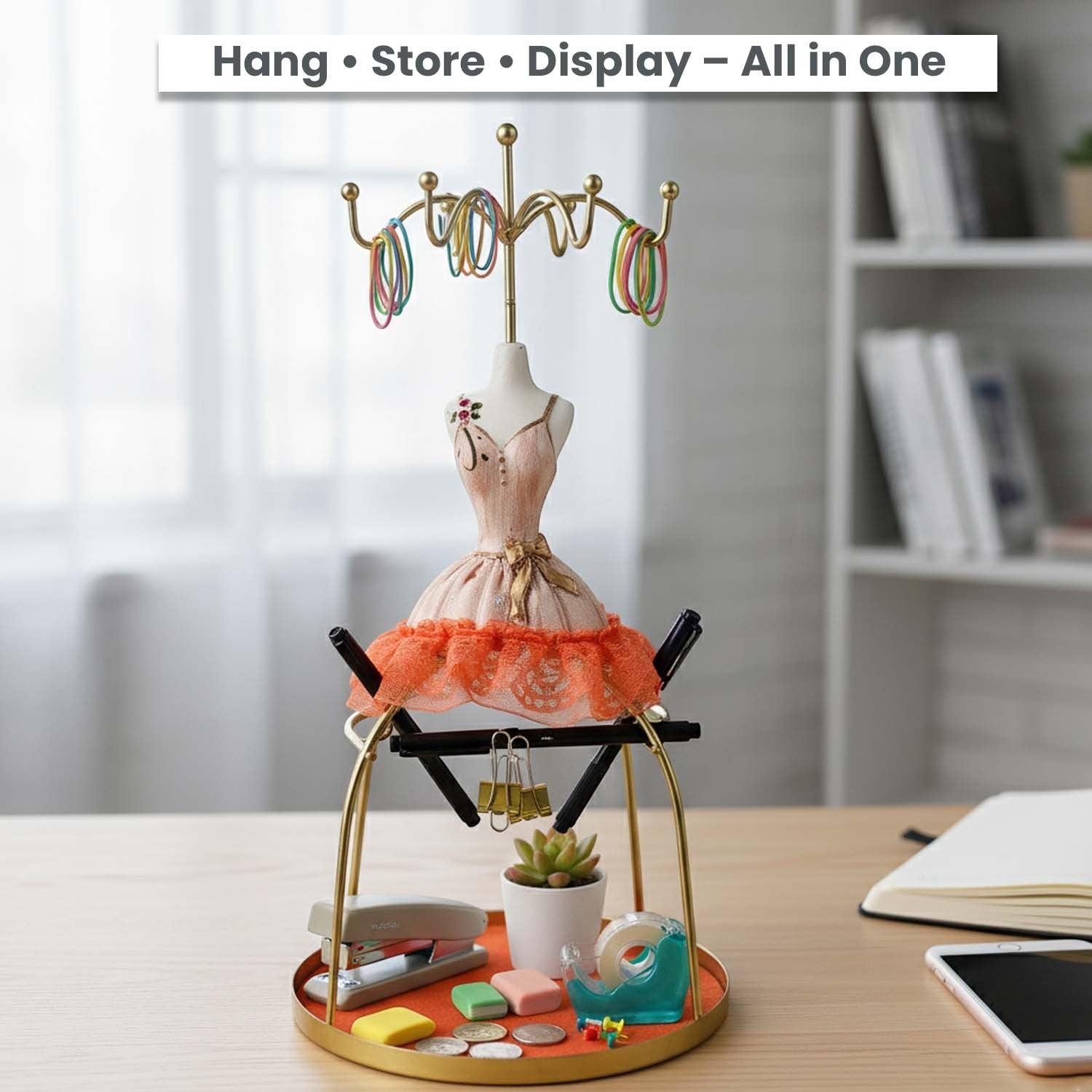 GoHooked doll dress jewelry holder stand in orange with metal hooks and a round base tray for accessories.
