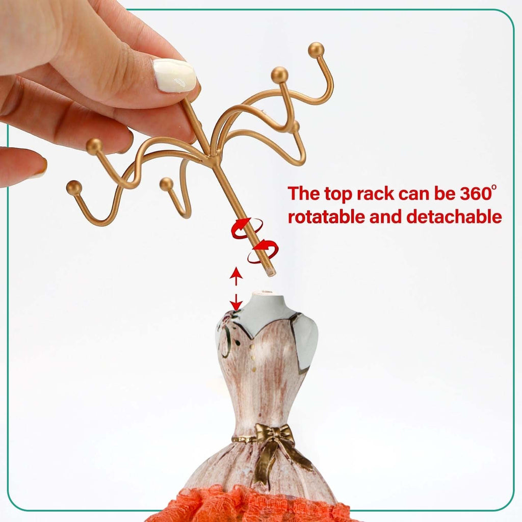 GoHooked doll dress jewelry holder with a detachable 360-degree rotatable gold metal hook rack for accessories