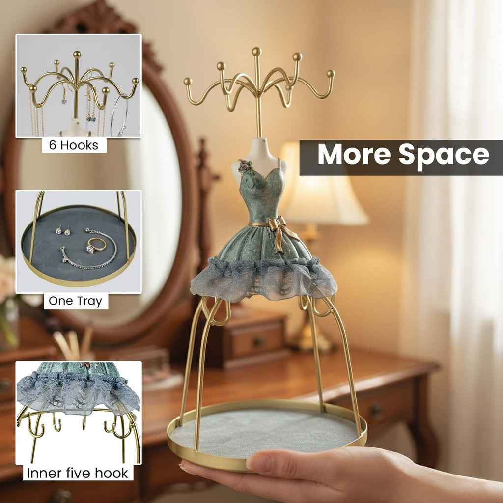 GoHooked grey doll dress jewelry holder stand with metal hooks and a velvet-lined base tray for accessories.