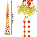 GoHooked orange and pink artificial pom pom door hanging latkan with golden bells and beads, 48 inches long.