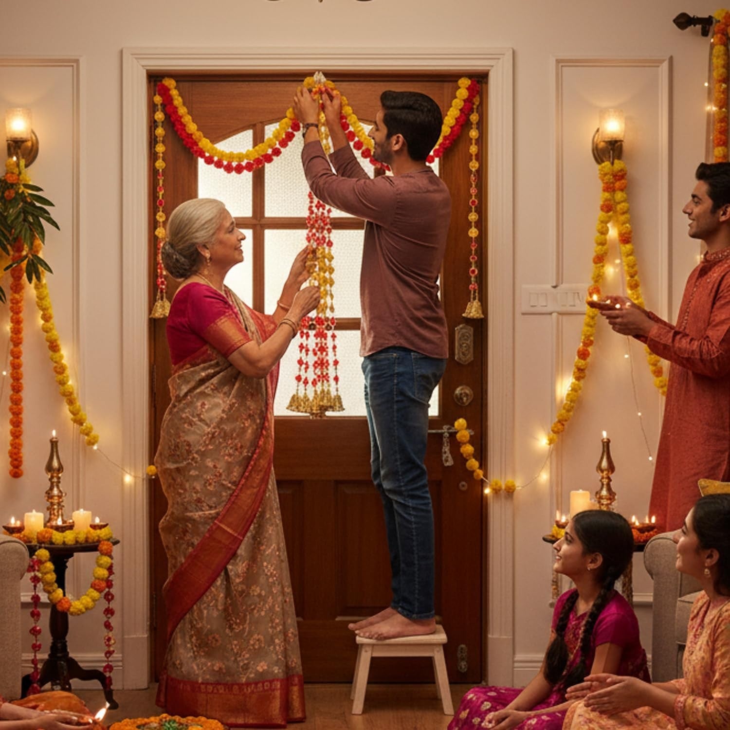 GoHooked orange and pink artificial marigold pom pom door hanging latkan with golden bells and beads for festive decor.