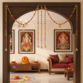 GoHooked orange and pink artificial marigold pom pom door hanging latkan with golden bells and beads, set of 10.