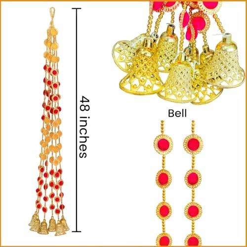 GoHooked Orange-Pink artificial pom pom door hanging latkan with golden bells and beads, 48 inches long.