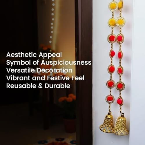 GoHooked orange and pink artificial pom pom door hanging latkan with golden bells and beads. Set of 10.