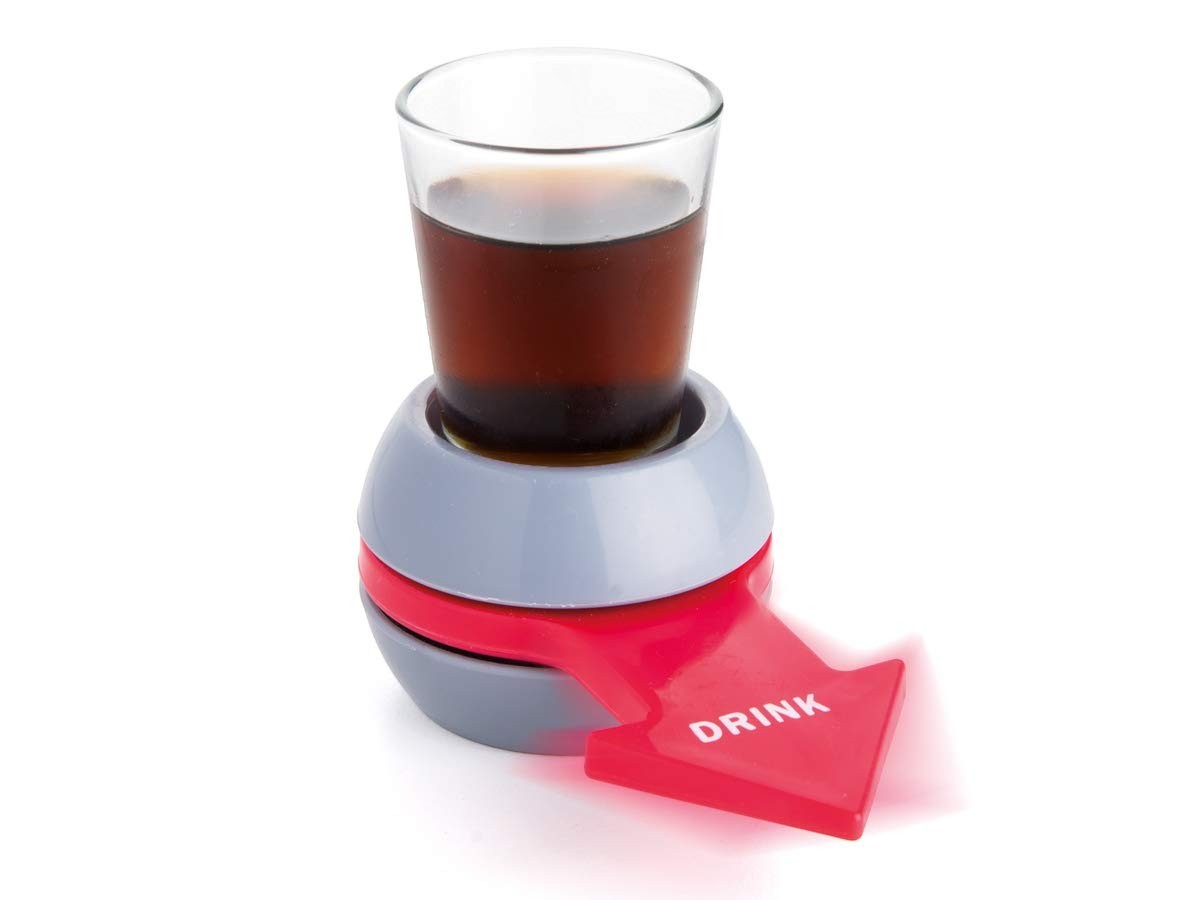 GoHooked multicolor tabletop drinking game with shot glass and red arrow spinner that says DRINK.