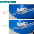 GoHooked blue plastic drinking helmet with dual can holders and adjustable straw valve. Close-up of valve in open and closed positions.