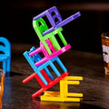 GoHooked Drunken Tower stacking chairs game with colorful plastic stools and shot glasses. A fun party drinking game.