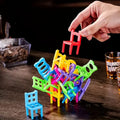 GoHooked Drunken Tower stacking chairs game with colorful plastic stools and shot glasses. Fun party game for adults.