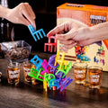GoHooked Drunken Tower stacking chairs game with colorful plastic stools and shot glasses. Fun party game for adults.