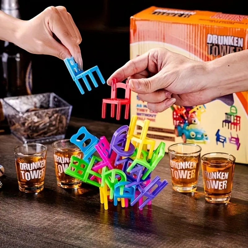 GoHooked Drunken Tower stacking chairs game with colorful plastic stools and shot glasses. Fun party game for adults.