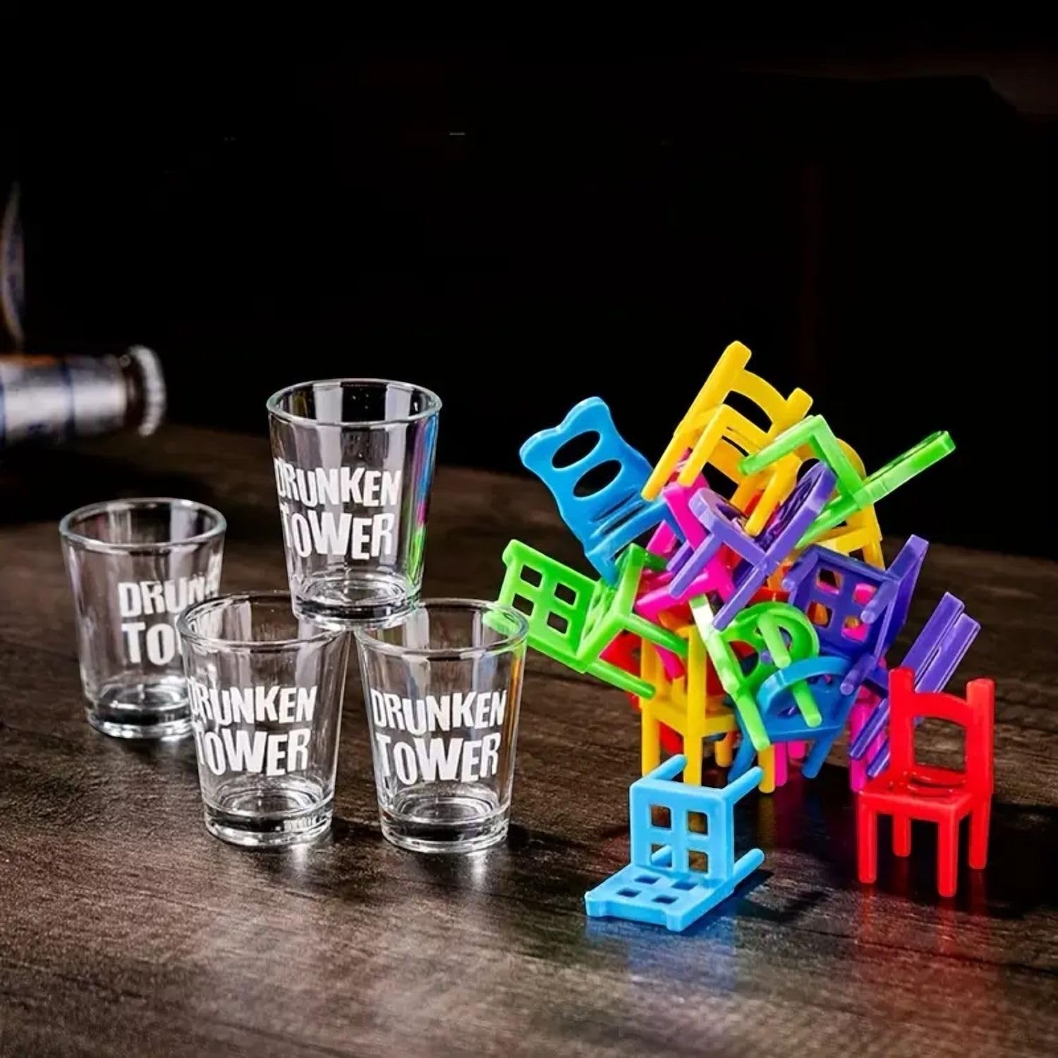 GoHooked Drunken Tower stacking chairs game set with 18 colorful plastic stools and 4 shot glasses for adult parties.
