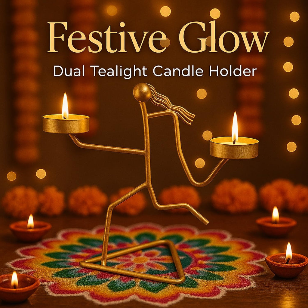 Go Hooked dual tealight candle holder in matte gold finish, shaped like a running figurine on a triangular base.