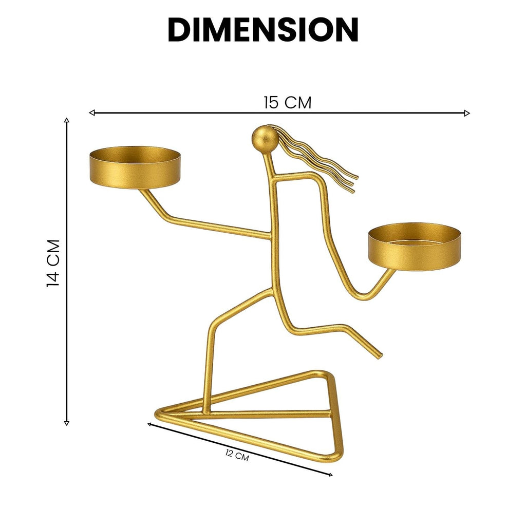 Go Hooked matte gold metal tealight candle holder with dual tray in a running figurine design on a triangular base.
