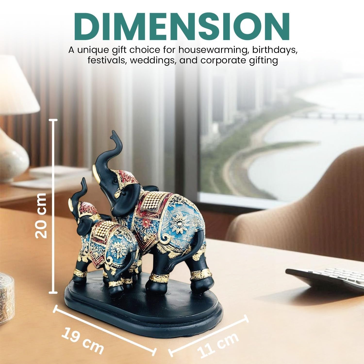 GoHooked black and gold polyresin elephant figurine with blue and red royal embellishments. Two elephants on a base.