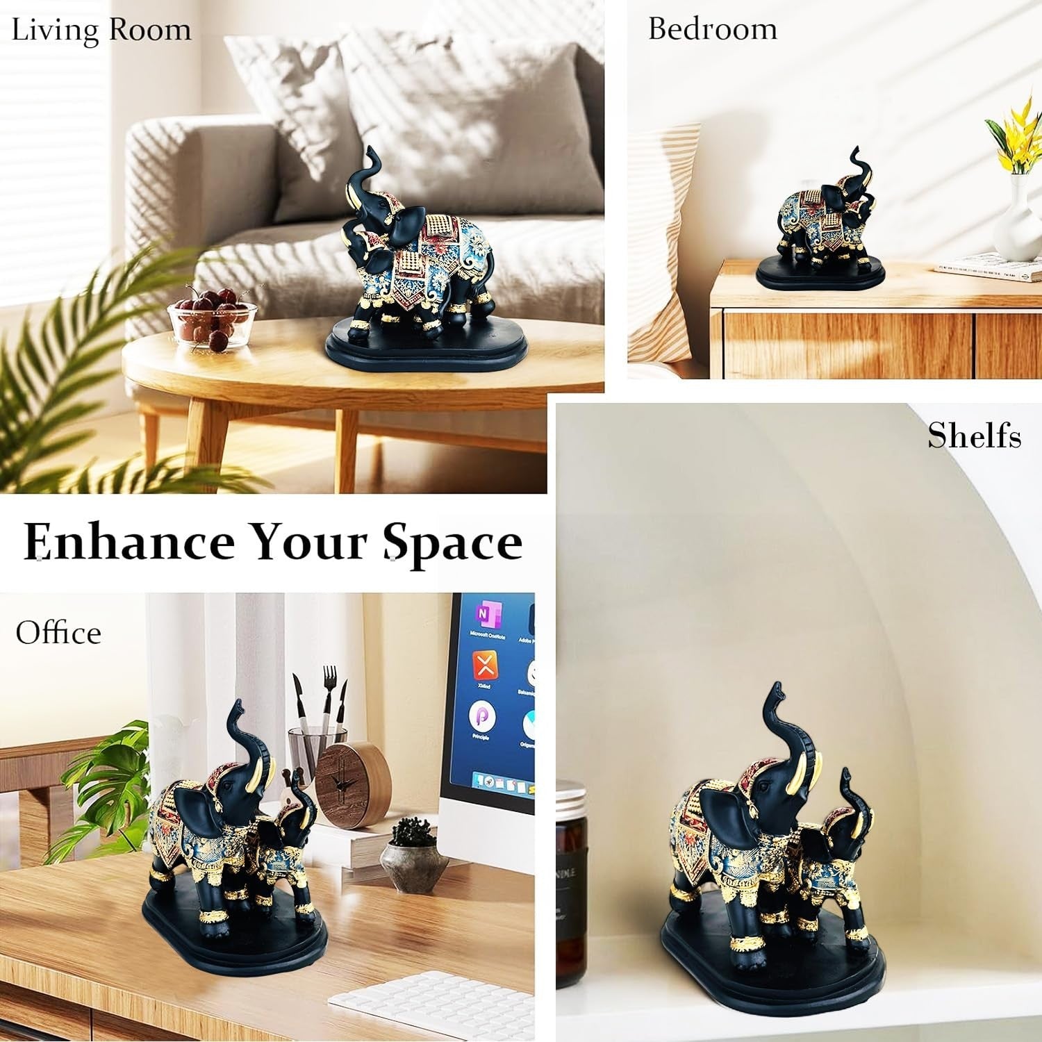 GoHooked black and gold polyresin elephant figurine with trunk up, detailed royal embellishments. Symbol of prosperity.
