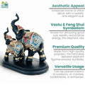 GoHooked black polyresin elephant figurine with blue and gold royal embellishments, trunk up for good luck.