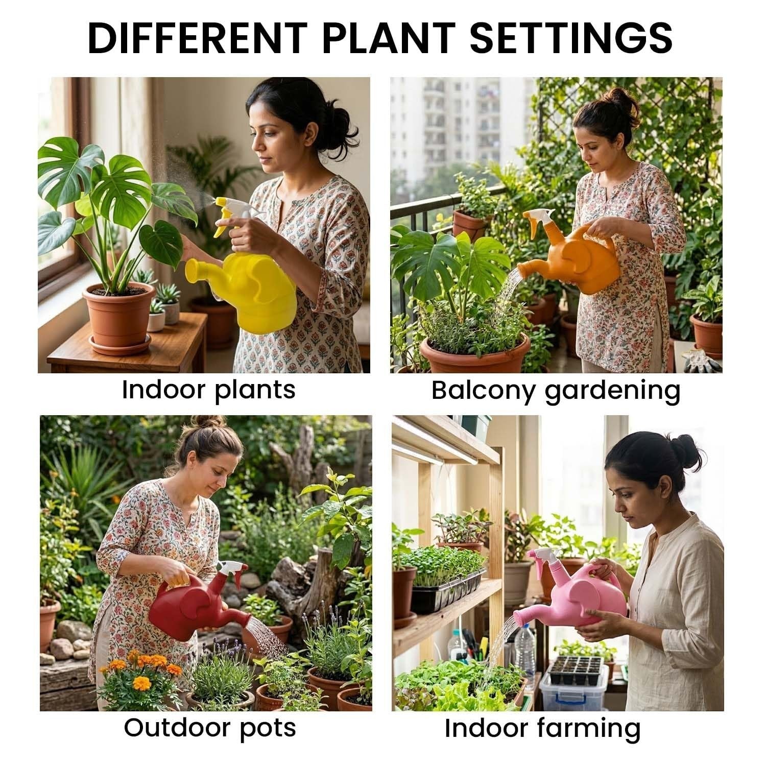 GoHooked elephant-shaped 1.5L watering can and spray bottle in yellow, orange, red, and pink, for indoor plants, balcony gardening, outdoor pots, and indoor farming.
