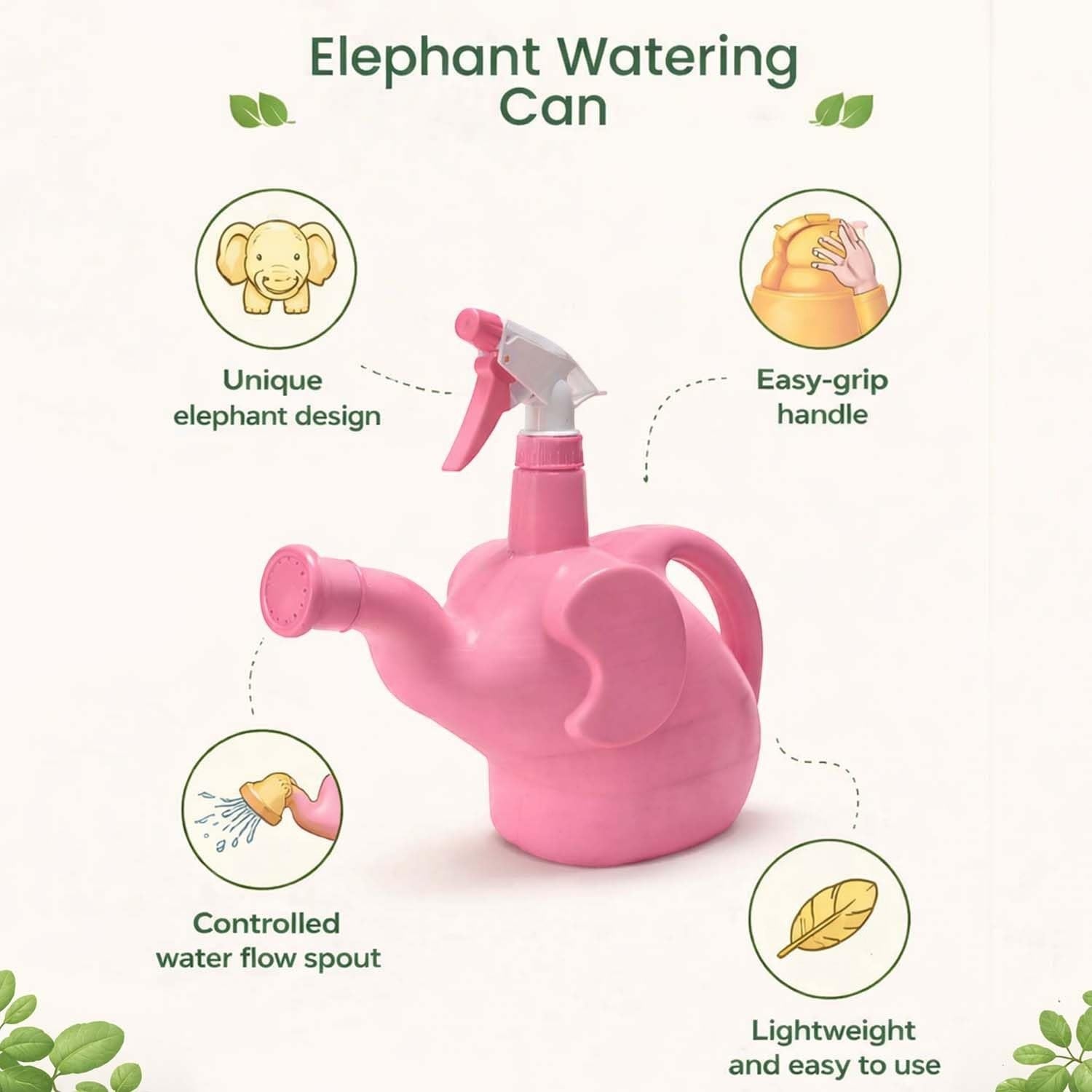 GoHooked pink elephant-shaped 2-in-1 watering can and spray bottle with long spout and easy-grip handle.