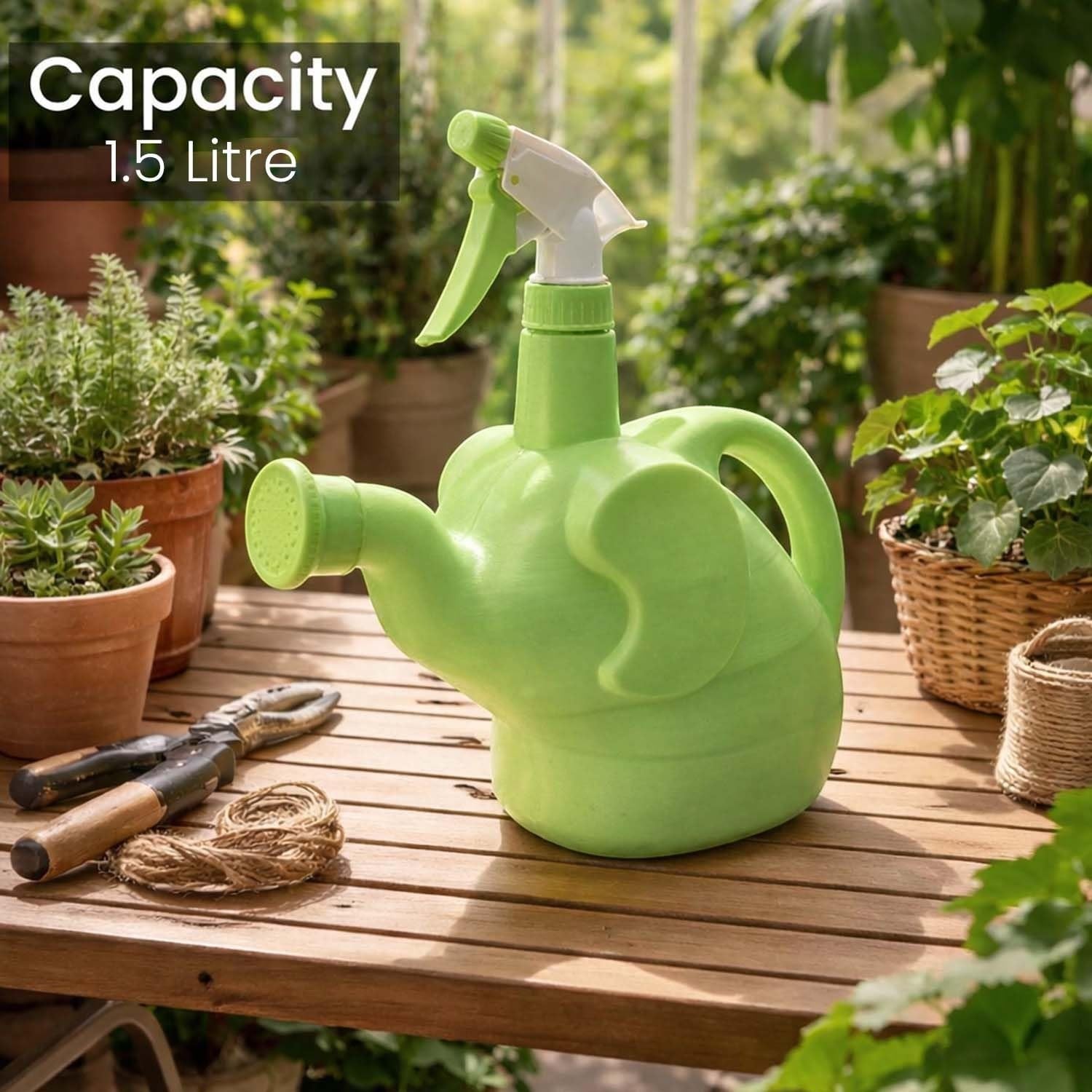 GoHooked green 2-in-1 elephant-shaped watering can and spray bottle with 1.5L capacity and long spout.