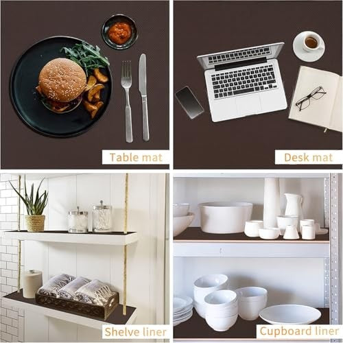 GoHooked brown EVA anti-slip shelf liner used as a table mat, desk mat, shelf liner, and cupboard liner.