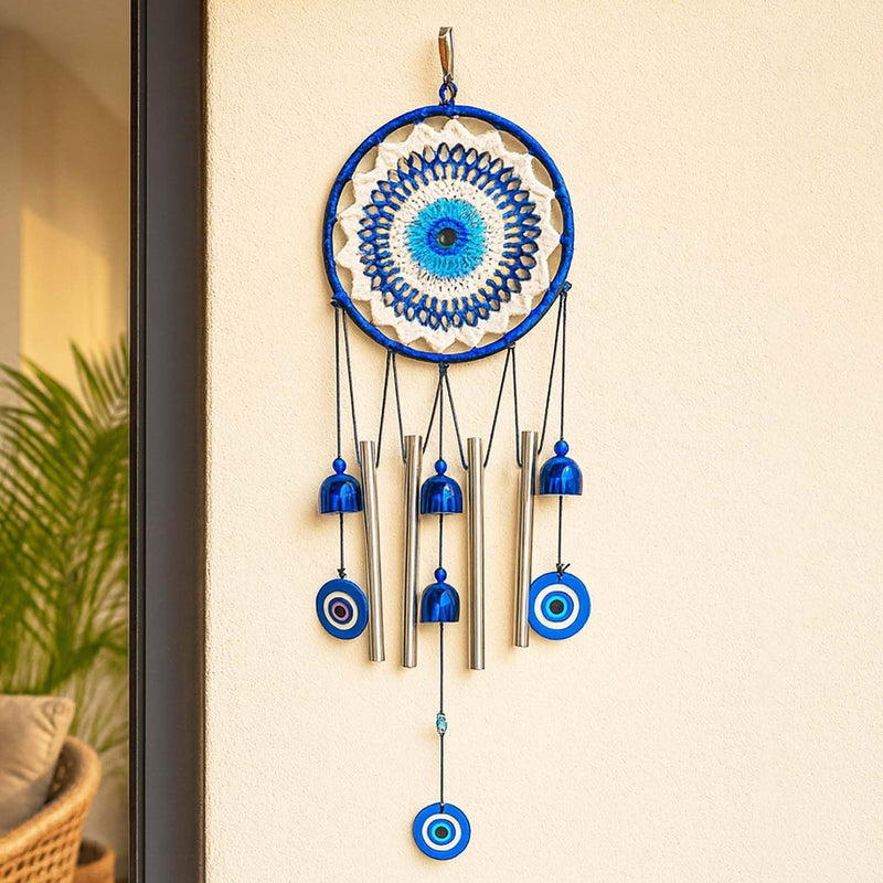GoHooked blue evil eye dreamcatcher wind chime with bells and hanging beads, 64cm height, bohemian style wall hanging for positive energy.
