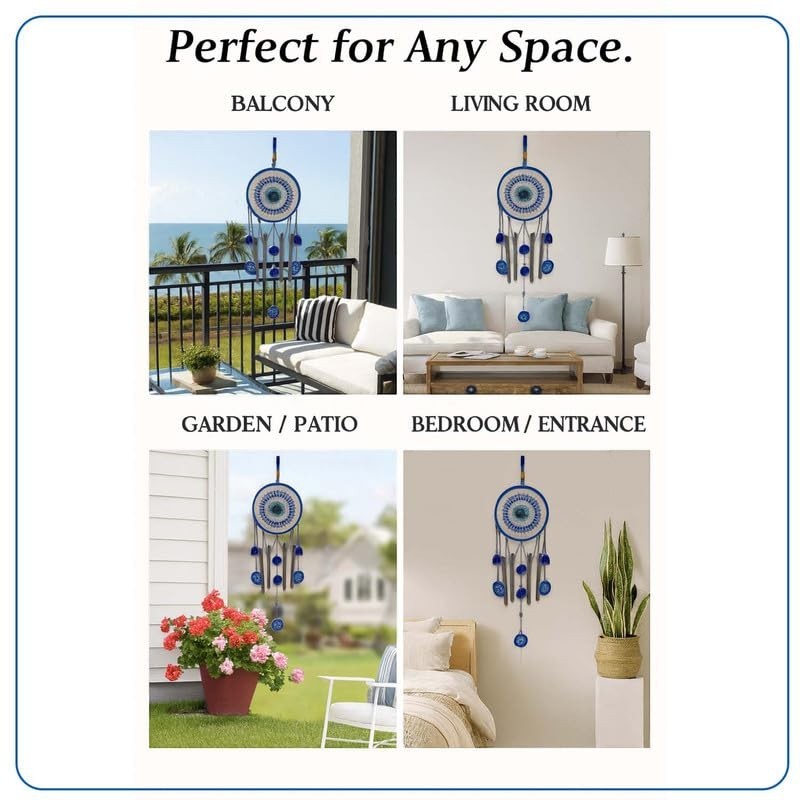 GoHooked blue evil eye dreamcatcher wind chime with bells and beads, 64cm height, for positive energy and home decor.