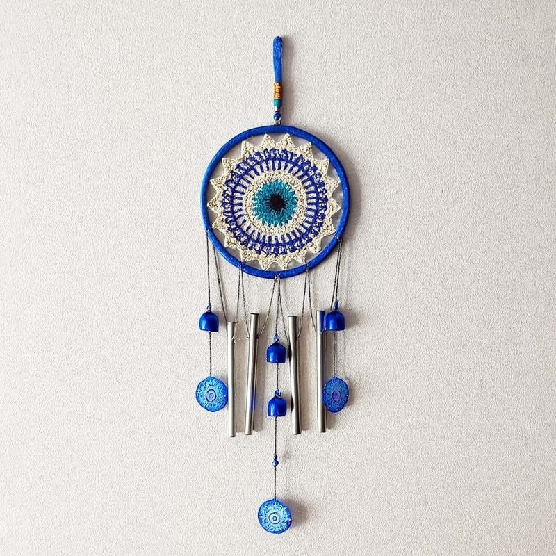 GoHooked blue evil eye dreamcatcher wind chime with silver pipes and blue beads, 64cm height, for positive energy and home decor.