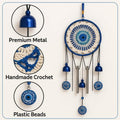 GoHooked blue evil eye dreamcatcher wind chime with metal bells and crochet detail. Offers positive energy and good luck.