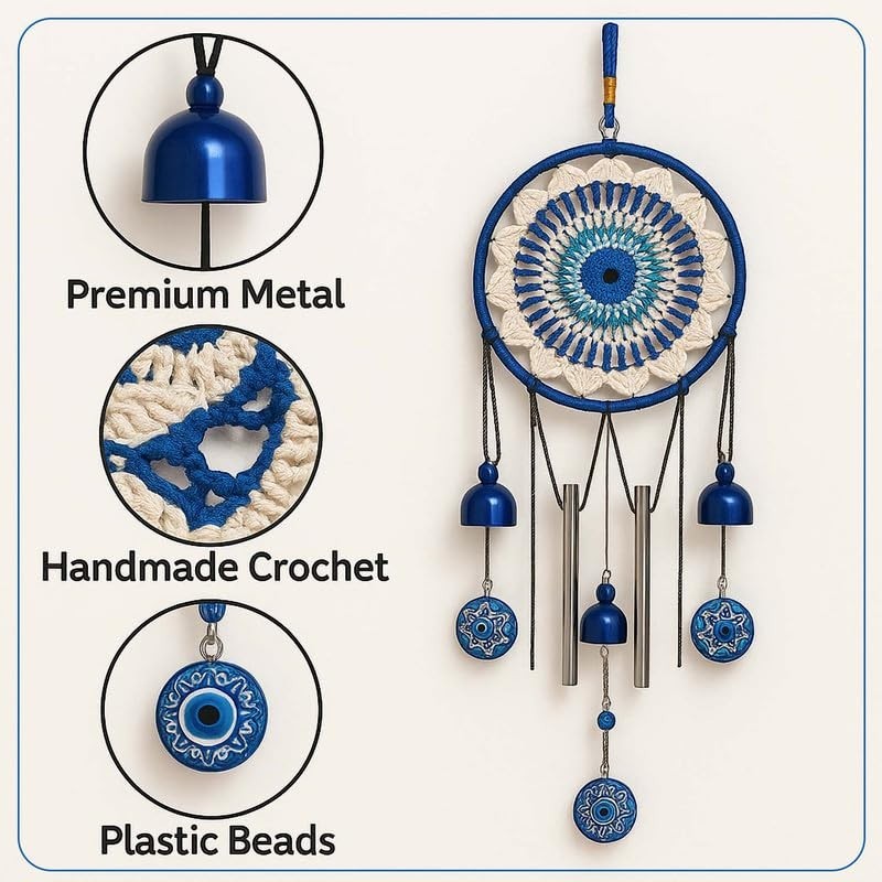 GoHooked blue evil eye dreamcatcher wind chime with metal bells and crochet detail. Offers positive energy and good luck.