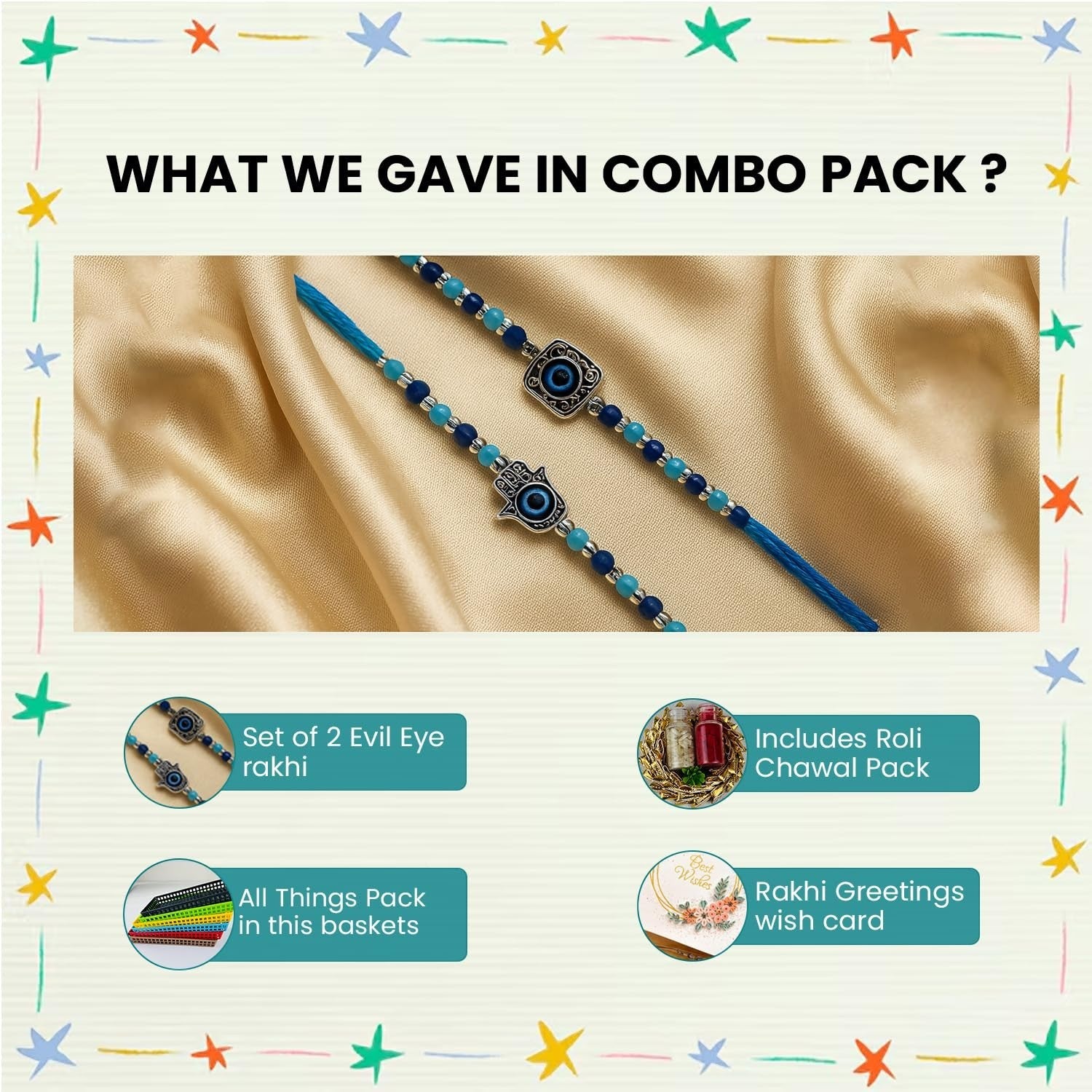 GoHooked set of 2 blue and turquoise beaded rakhis with evil eye and hamsa charms. Includes roli chawal vials and greeting card.