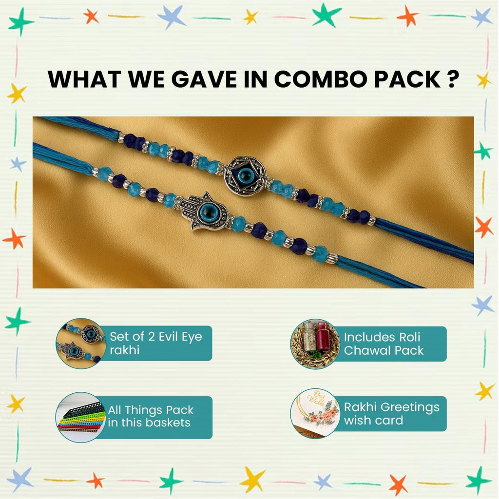 GoHooked set of 2 blue and multicolor evil eye and hamsa hand rakhis with pearl beads and silver charms on blue threads.