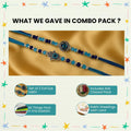 GoHooked set of 2 blue and multicolor evil eye and hamsa hand rakhis with pearl beads and silver charms on blue threads.
