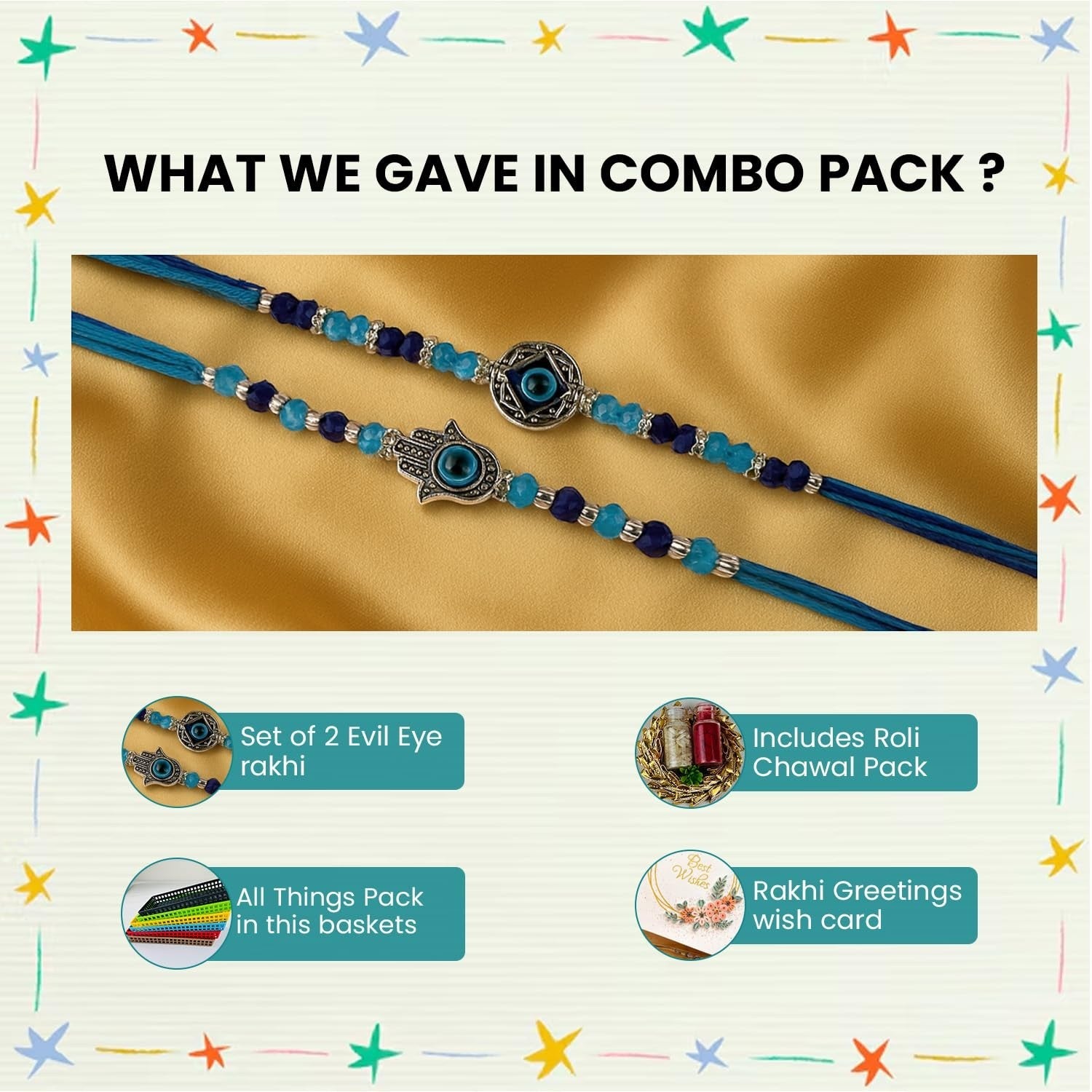 GoHooked set of 2 blue and multicolor evil eye and hamsa hand rakhis with pearl beads and silver charms on blue threads.