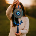 GoHooked blue glass evil eye wind chime with 5 bells and tassel, metal alloy medallion, 35cm