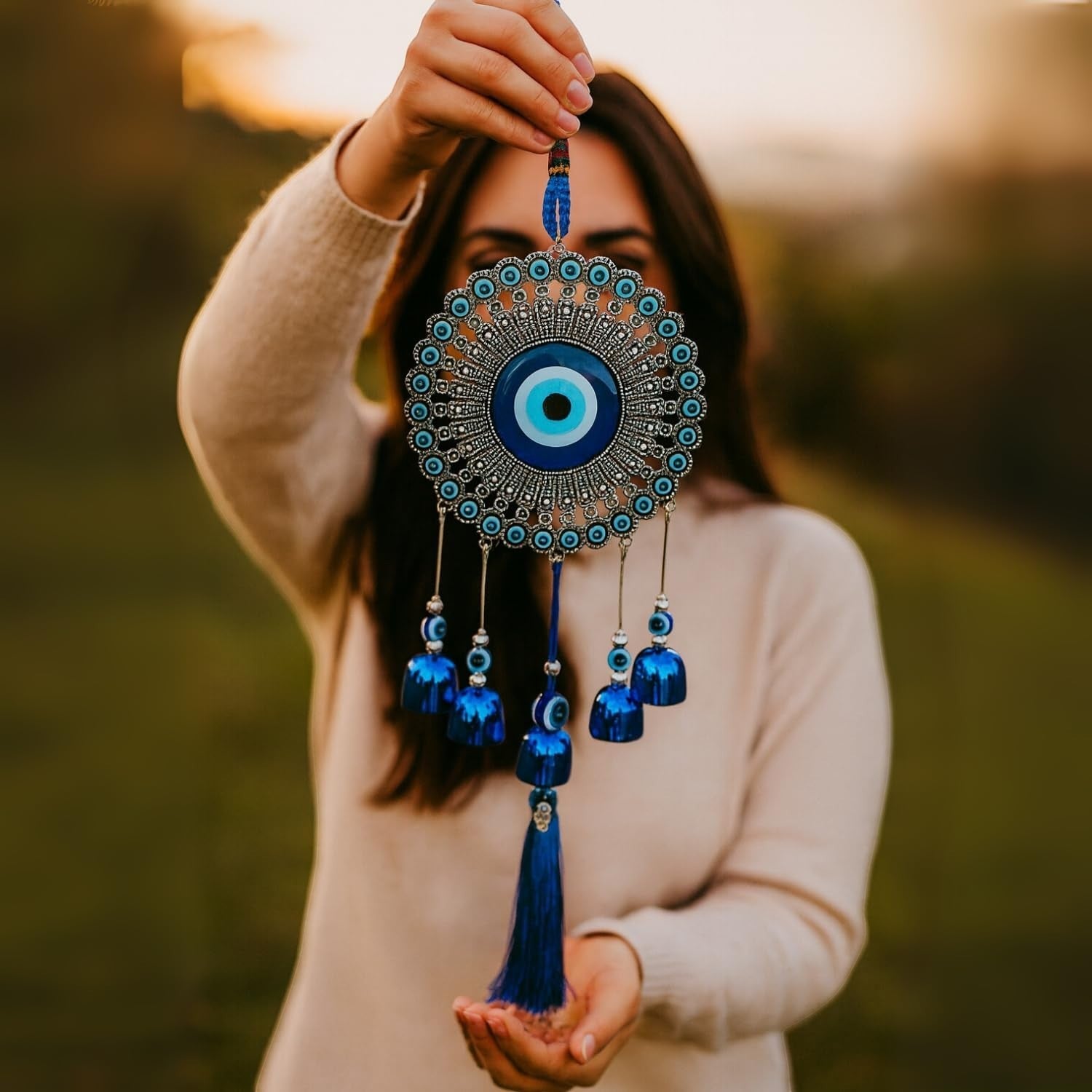 GoHooked blue glass evil eye wind chime with 5 bells and tassel, metal alloy medallion, 35cm