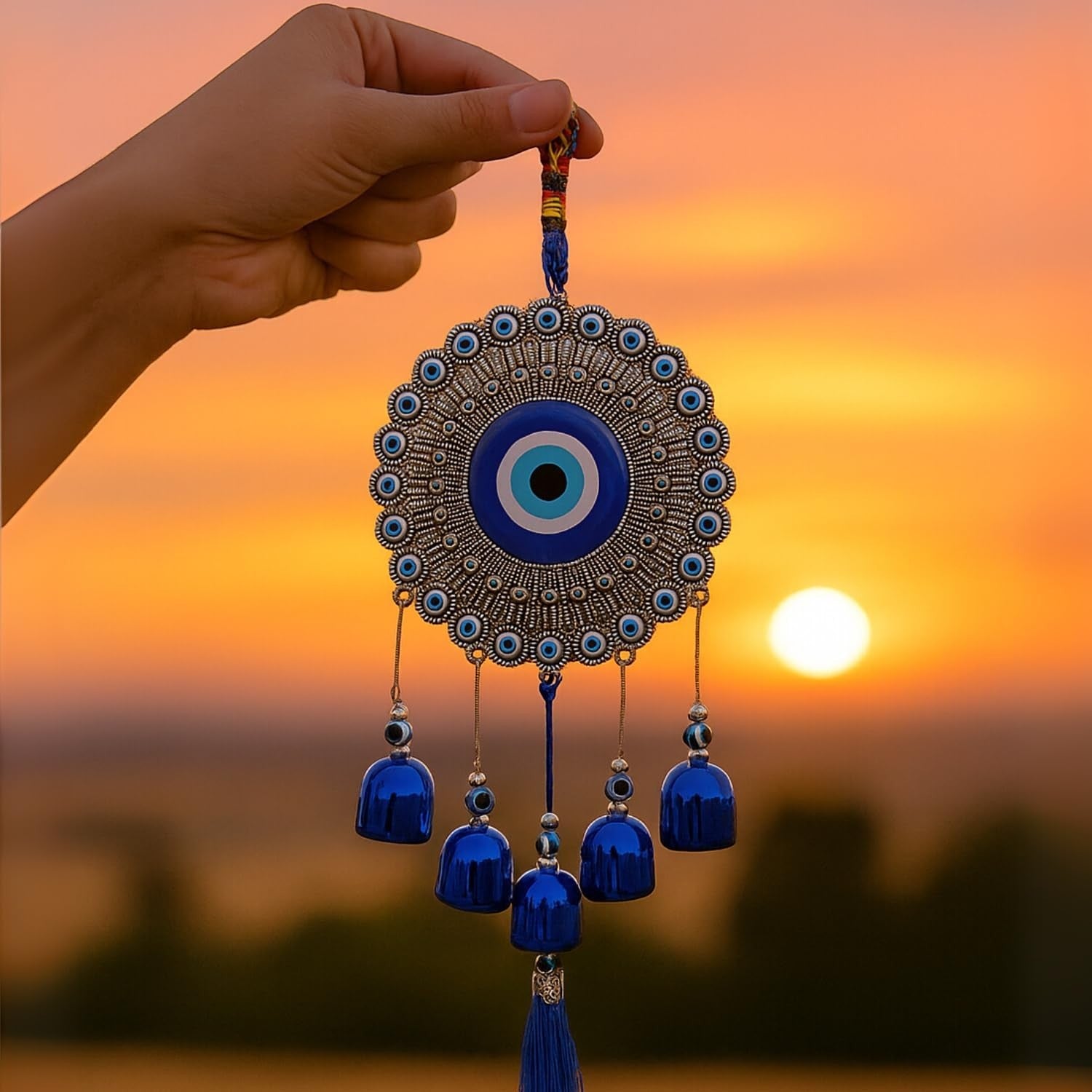 GoHooked blue glass evil eye wind chime with 5 bells and tassel, metal alloy medallion, 35cm