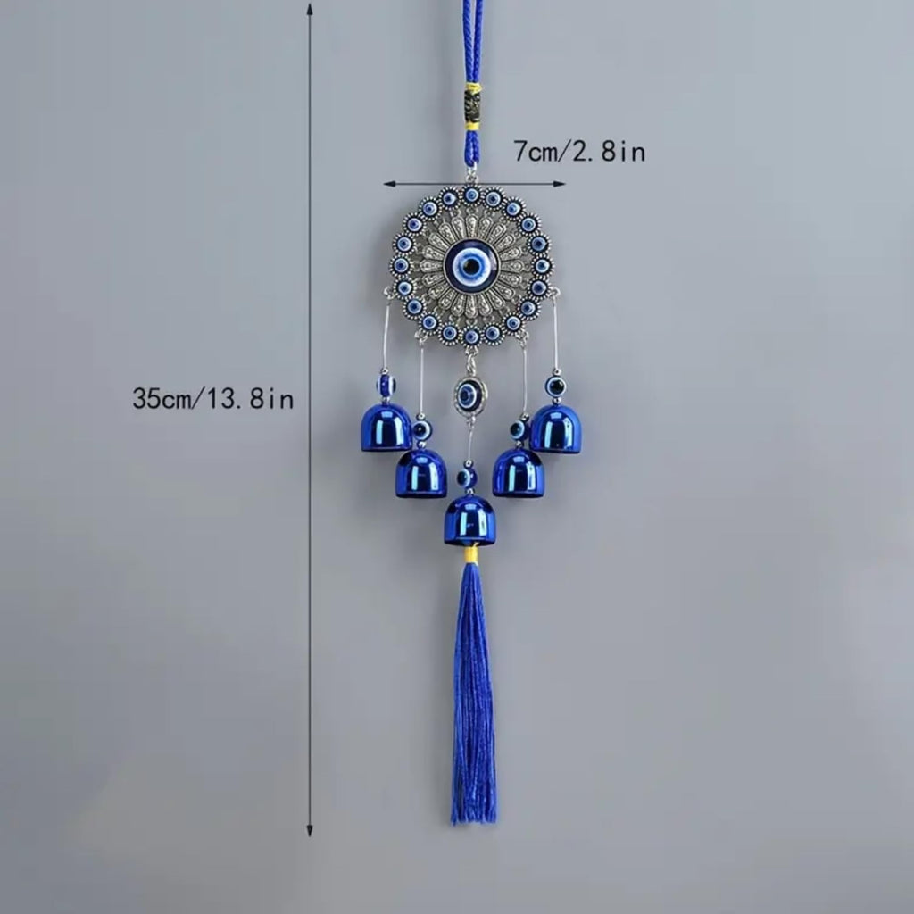GoHooked blue glass evil eye wind chime with 5 bells and tassel, 35cm long, for home protection and good luck.