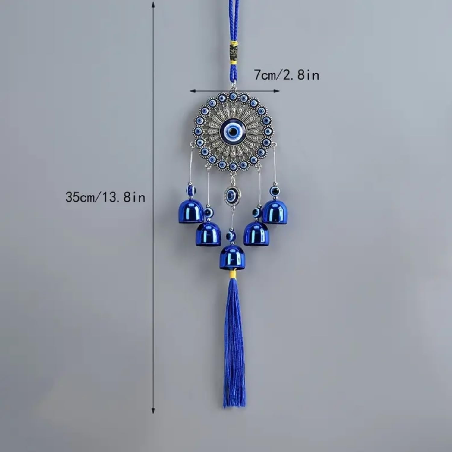 GoHooked blue glass evil eye wind chime with 5 bells and tassel, 35cm long, for home protection and good luck.