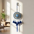 GoHooked blue glass evil eye wind chime with 5 bells and tassel, 35cm wall decor for protection and good luck.