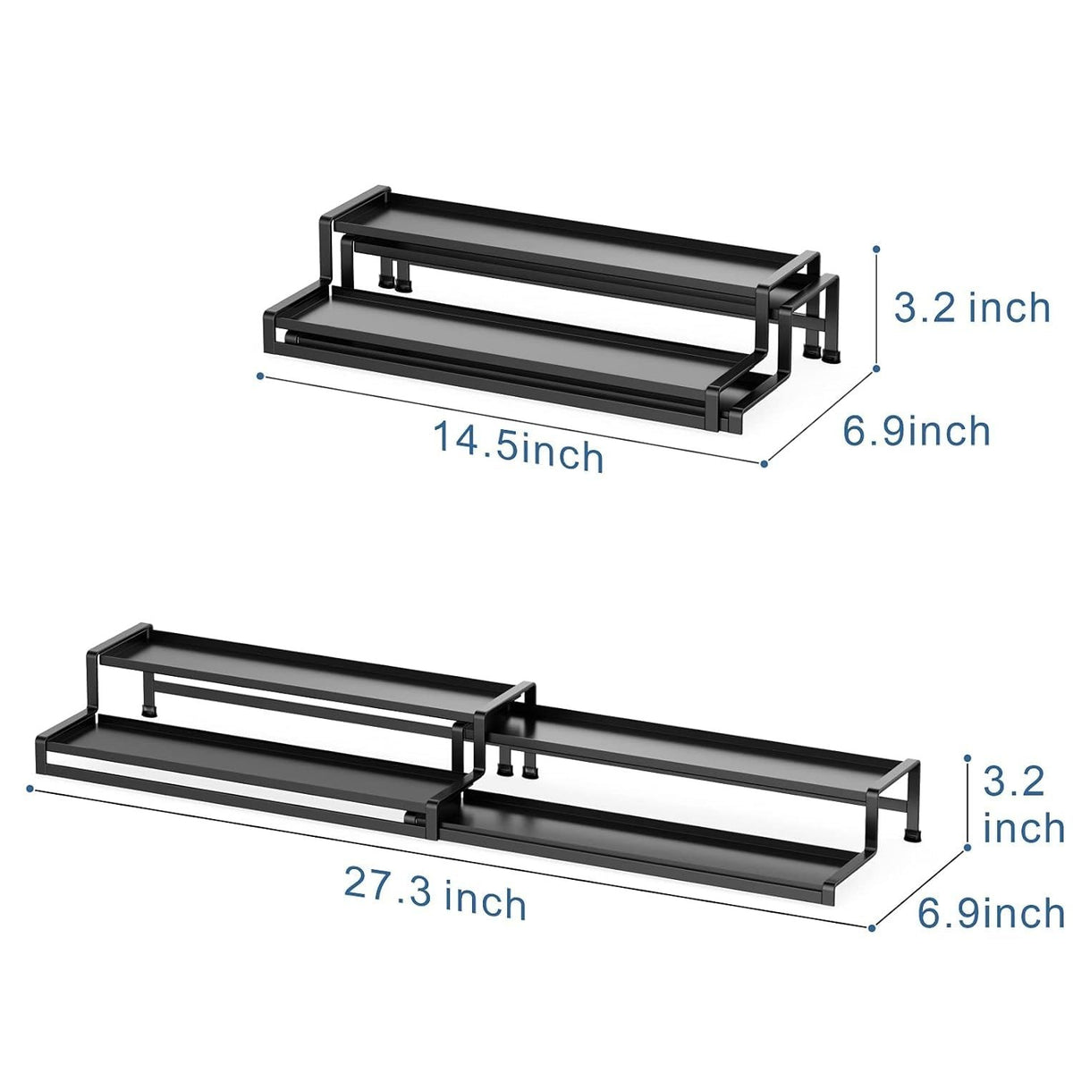 GoHooked black 2-tier expandable metal spice rack organizer for cabinets and pantries, 14.5 to 27.3 inches wide.