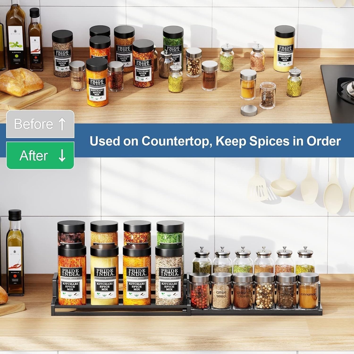 GoHooked black 2-tier expandable spice rack organizer holding various spice jars on a kitchen counter.