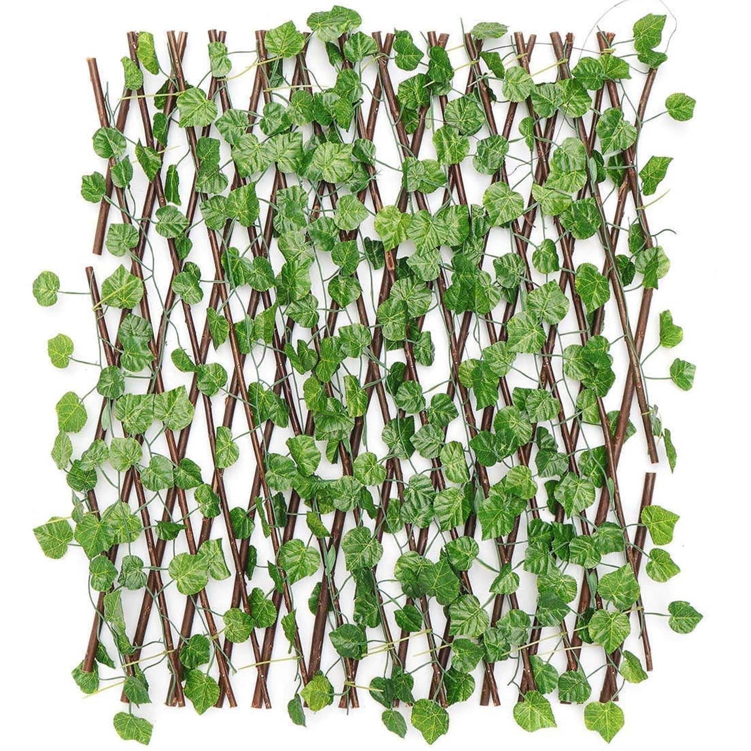GoHooked expanding wood trellis with realistic green ivy leaves, 60x20 inches, for garden and home decor.