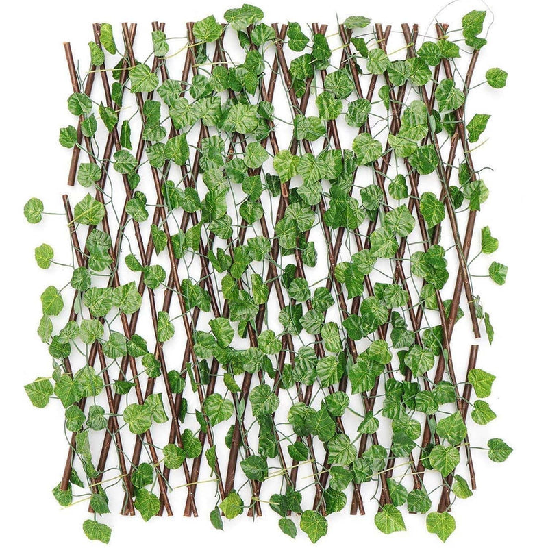 GoHooked expanding wood trellis with realistic green ivy leaves, 60x20 inches, for garden and home decor.