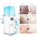 GoHooked white and blue USB facial mister with water splashes, showing before and after skin hydration.