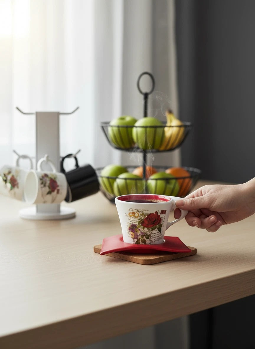 Go Hooked white ceramic coffee cup with red trim and floral design, held by a hand.
