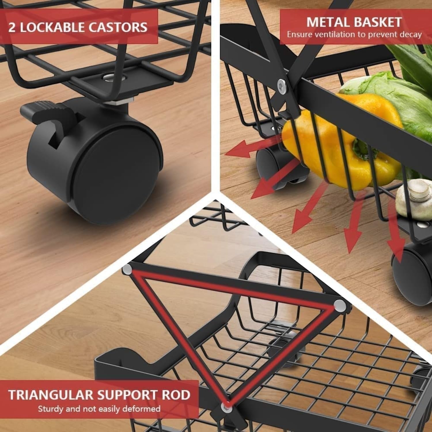 GoHooked black 3-tier foldable metal storage basket with wheels, perfect for fruits, vegetables, and home organization.