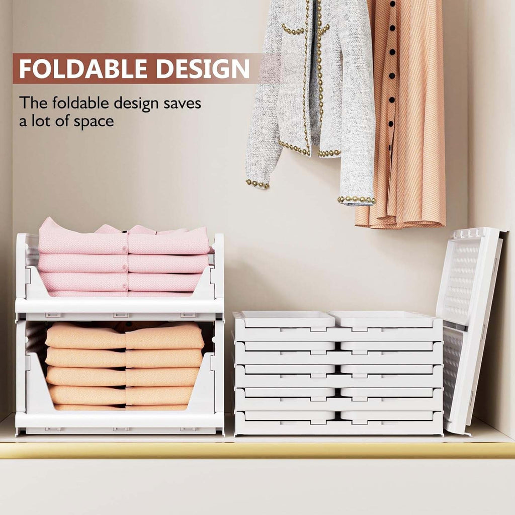 GoHooked white foldable plastic wardrobe organizers stacked in a closet with folded units beside them