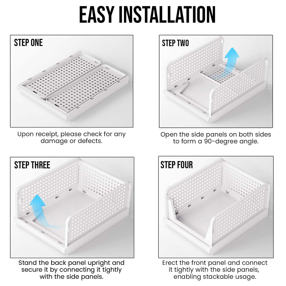 GoHooked foldable wardrobe organizer showing four-step assembly instructions for the white plastic storage box