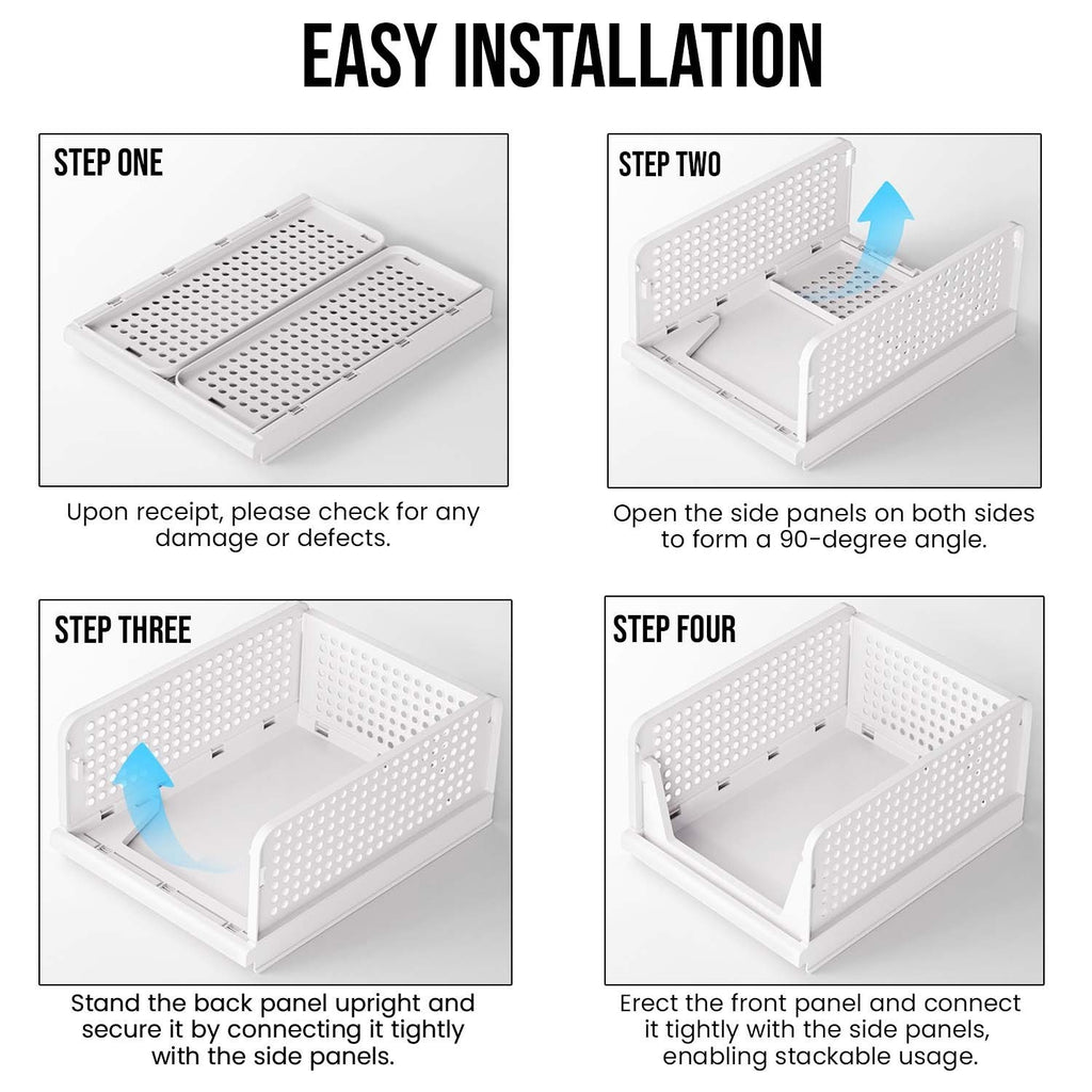 GoHooked foldable wardrobe organizer assembly instructions showing four steps to set up the white plastic storage box.